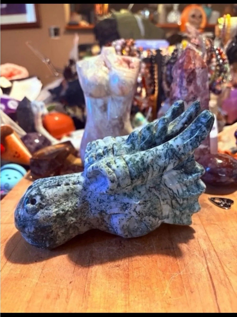 Hand-Carved Green and White Moss Agate Dragon Head